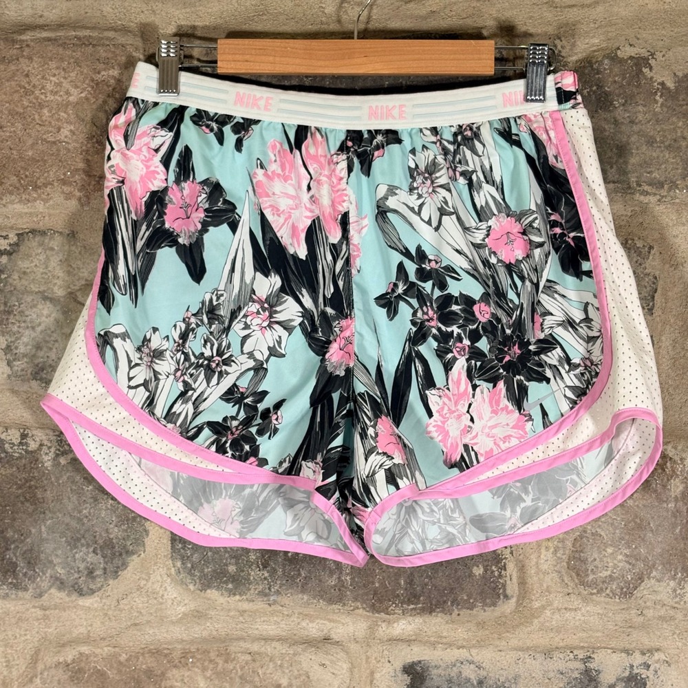 Nike Dri Fit Women Floral Running Shorts Black Pink Blue Athletic Gym Workout